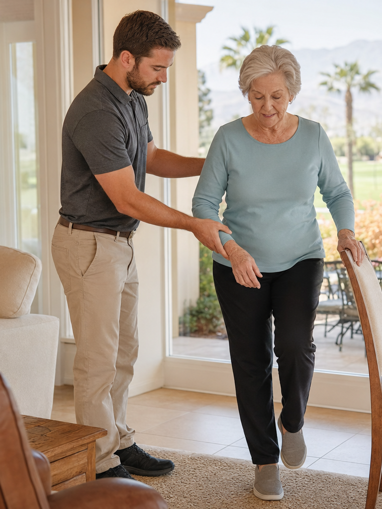 Home health physical therapist safely assisting an older adult with standing balance in her home