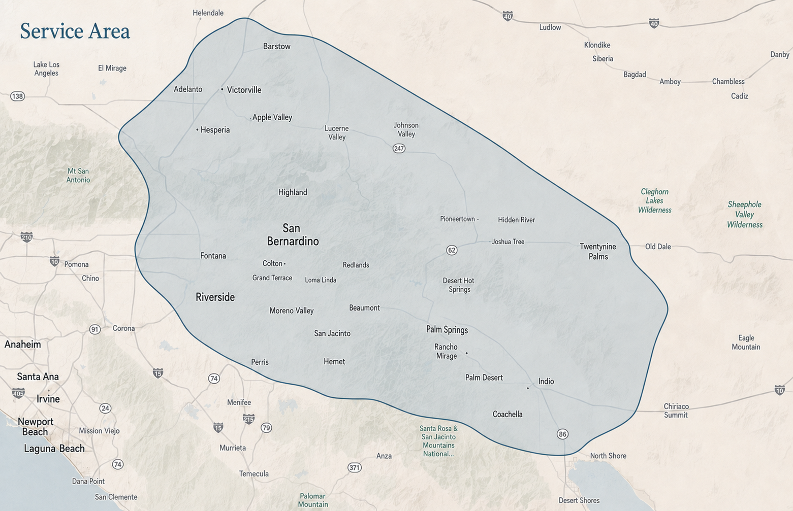 Map of PinnacleCare's home health therapy coverage area across the Inland Empire, High Desert, Joshua Tree, and Coachella Valley