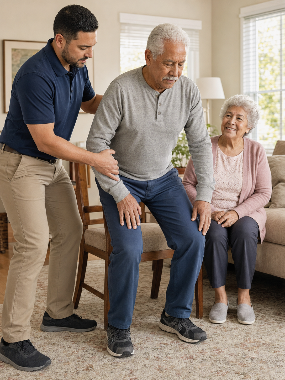 Home health physical therapist assisting an older adult as his spouse smiles nearby